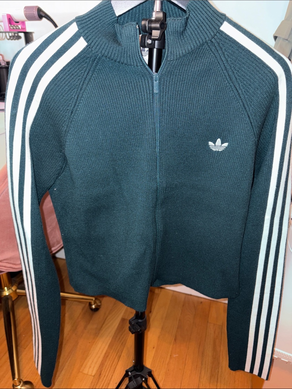 adidas Dark green Knit Zip-Up Jacket with White Three Stripes